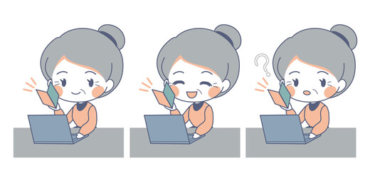 ノートパソコン初心者のおばあさんのイラストセット・ベクター