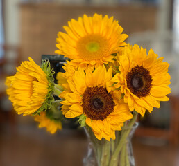 Closeup of bouquet of sunflowers with a shallow depth of field. 