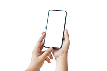 Both hands are working a smartphone with a modern design and a blank screen separately on a white background with the clipping path.