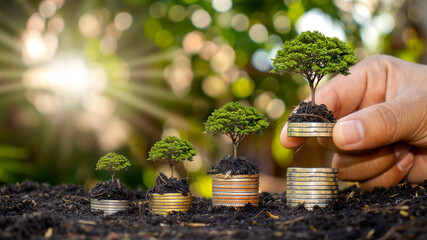 Human hands holding money and trees growing on money investment financial growth concept.