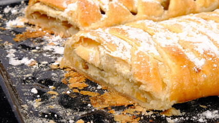 puff pastry pies with sweet filling in a cut close-up. sweet homemade fresh baked goods