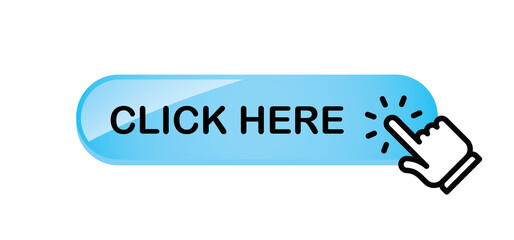 Click here button with hand clicking icon. 3d shiny style vector.