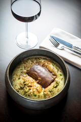 eel with potato cream and red wine