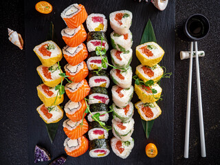 sushi on the black background