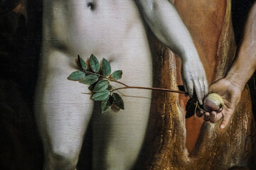 Eve give Adam red apple. tree of knowledge good and evil. bible legend Old picture First woman of...