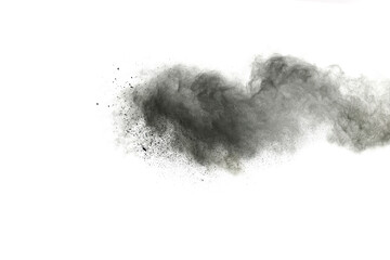 Black powder explosion isolated on white background.