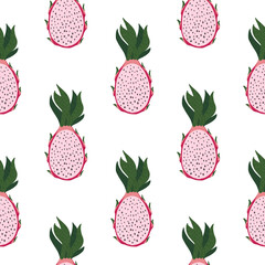 Isolated seamless summer pattern with pitaya ornament. Exotic fruit in pink colors on white background.