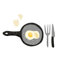 Fried egg in pan with fork,knife and eggshell on white background. Tool cooking in doodle.