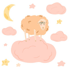 Composition lamb standing on cloud on white background. Abstract cute picture doodle.