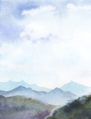 Watercolor abstract landscape. Blurred mountain ranges against high daylight blue sky with white fog of clouds. Hand drawn illustration of wild nature. Endless mountains and serene heavens