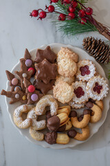 Traditional home made German Christmas Cookies on a festive table
