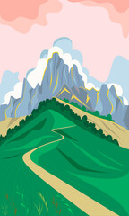 Beautiful mountain landscape. Mountain View. Pink sunset sky. Vector illustration