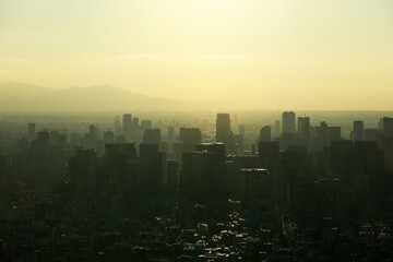 Beautiful sunset and mountain landscape in evening at tokyo, Japan.