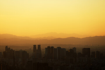 Beautiful sunset and mountain landscape in evening at tokyo, Japan.