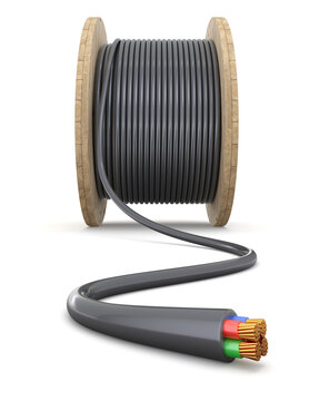 Wooden cable drum with black cable on white background - 3D illustration