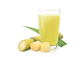 Fresh squeezed sugar cane juice with fresh cane sliced isolated on white background.