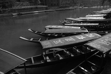 black & white photo of a parked fishermen boat in China