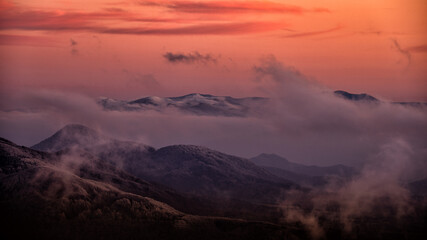 A beautiful mountain scenery. Pikui mountain range (Ukraine) seen from the Bieszczady National Park (Poland).  The Carpathian Mountains.