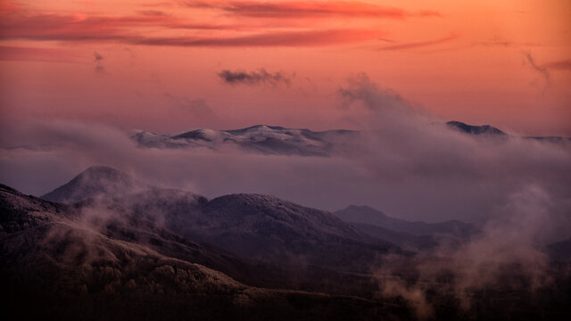 A beautiful mountain scenery. Pikui mountain range (Ukraine) seen from the Bieszczady National Park (Poland).  The Carpathian Mountains.