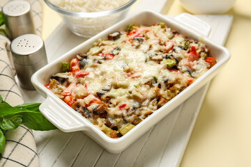 Baking dish with tasty rice casserole on table