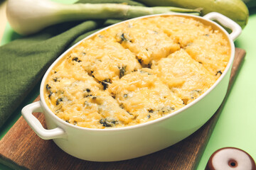 Baking dish with tasty rice casserole on table