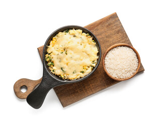 Baking dish with tasty rice casserole on white background