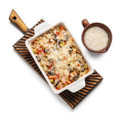 Baking dish with tasty rice casserole on white background