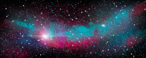 Spazio cosmico viola, porpora e color turchese. Stelle luminose. Via lattea. Galassia. Nebulosa. Sfondo banner cielo stellato. Cometa