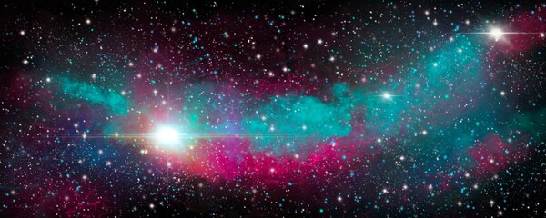 Obraz premium Spazio cosmico viola, porpora e color turchese. Stelle luminose. Via lattea. Galassia. Nebulosa. Sfondo banner cielo stellato. Cometa