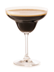 Glass of tasty espresso martini cocktail on white background