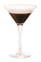 Glass of tasty espresso martini cocktail on white background