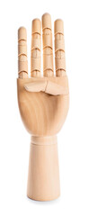 Wooden hand showing letter B on white background. Sign language alphabet