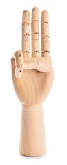 Wooden hand showing letter P on white background. Sign language alphabet