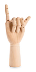 Wooden hand showing letter U on white background. Sign language alphabet