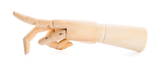 Wooden hand showing letter P on white background