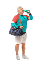 Sporty senior man with bag and bottle of water on white background