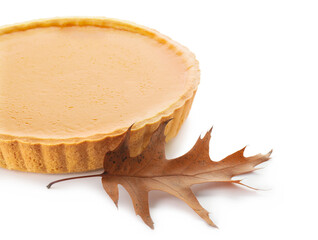 Tasty pumpkin pie on white background