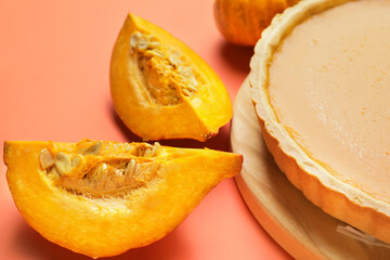 Tasty pumpkin pie on color background, closeup