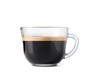 Cup of hot espresso on white background