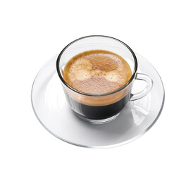 Cup of hot espresso on white background