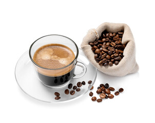Cup of hot espresso and bag with coffee beans on white background