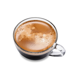 Cup of hot espresso on white background