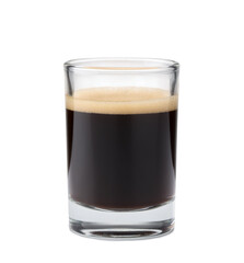 Glass of hot espresso on white background