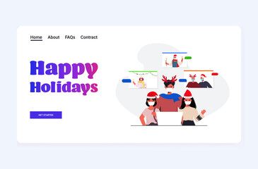 multi generation family in santa hats discussing during video call coronavirus quarantine concept new year christmas holidays celebration horizontal portrait vector illustration