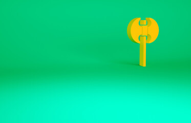 Orange Medieval axe icon isolated on green background. Battle axe, executioner axe. Medieval weapon. Minimalism concept. 3d illustration 3D render.