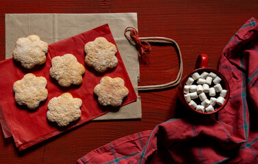 red biscuit gift wooden background new year cup coffee