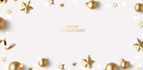 Fototapeta na wymiar New Year and Christmas design template. Winter background with decorative golden balls and stars. Vector stock illustration