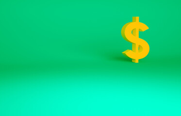 Orange Dollar symbol icon isolated on green background. Cash and money, wealth, payment symbol. Casino gambling. Minimalism concept. 3d illustration 3D render.