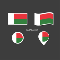 Madagascar flag logo icon set, rectangle flat icons, circular shape, marker with flags.