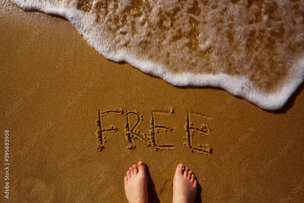 Fototapete concept or conceptual free text handwritten in sand on a beach with feet in an exotic island.free wo